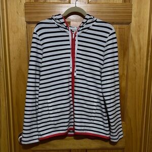 Talbots Dark Navy & White Striped Hoodie Zip Front Nautical Jacket, Size Large.